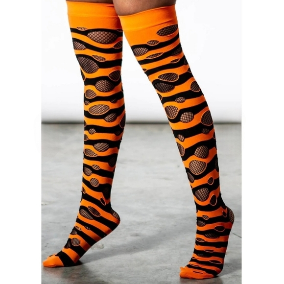 Killstar Accessories - Killstar “Wretched Soul” Distressed Thigh-High Socks–Black & Orange Stripe | OS